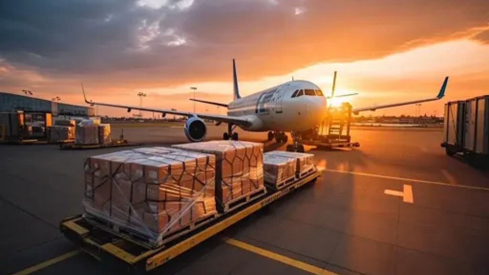 Cargo plane being loaded with freight at sunset